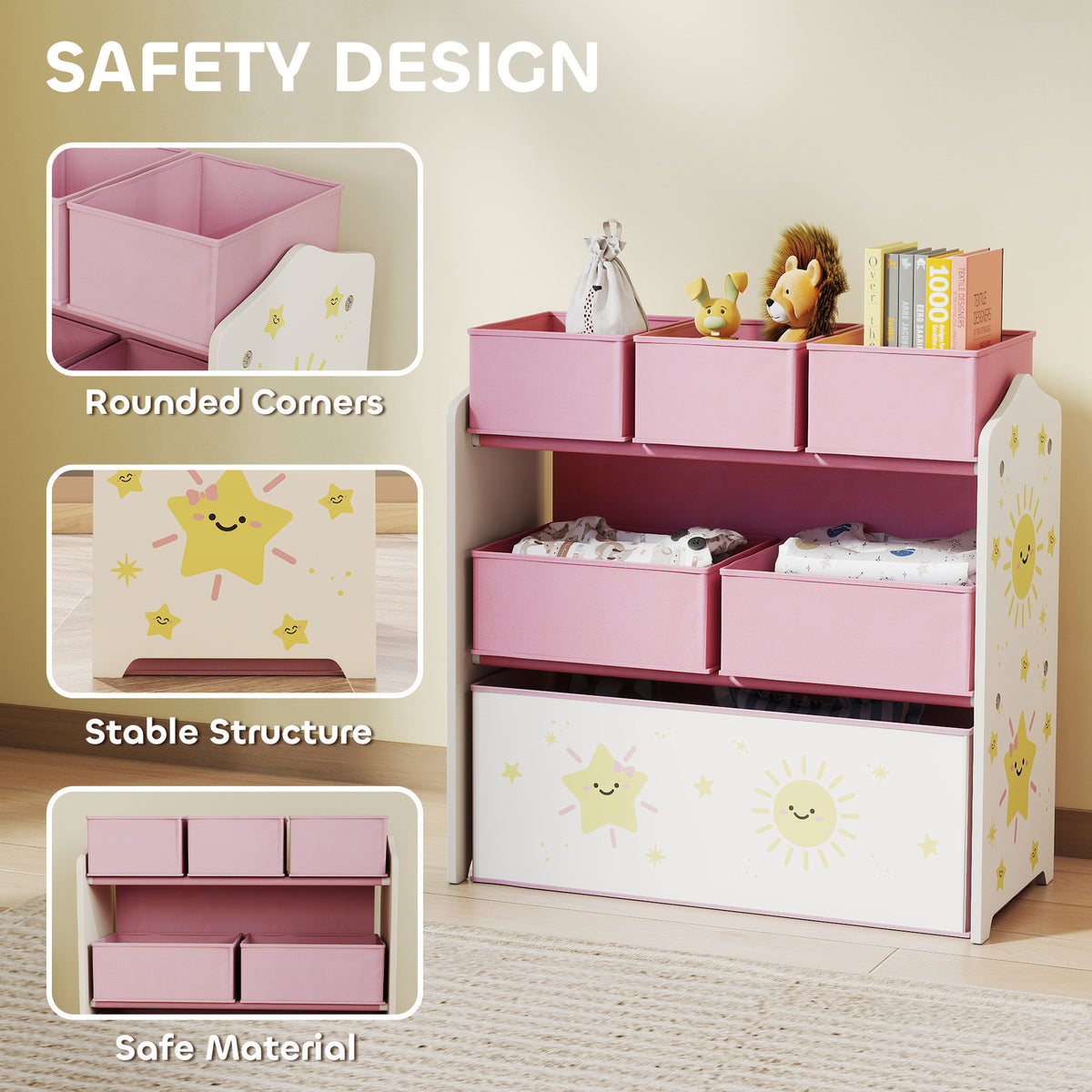 Pink HOMCOM 3-tier kids toy storage unit with six removable boxes, designed for bedrooms and playrooms.