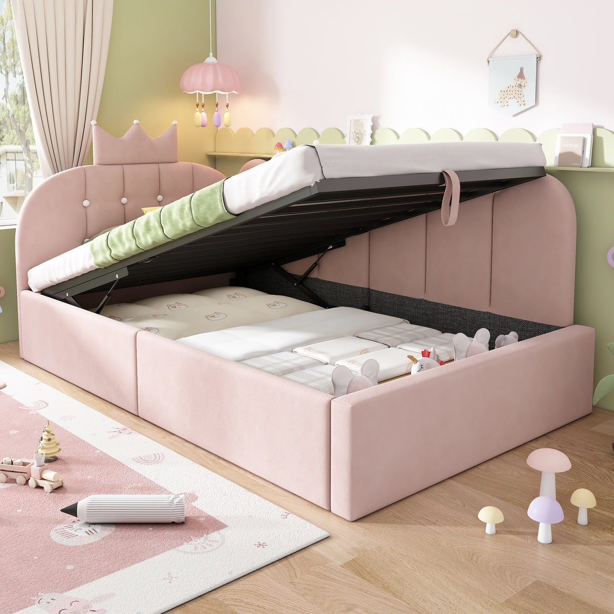 Pink velvet HOMCOM daybed with crown headboard and hydraulic storage, 3ft single sofa bed for stylish bedroom seating.