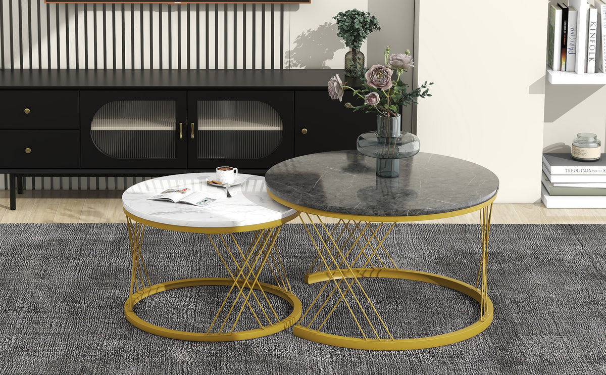 Set of 2 HOMCOM round nesting coffee tables with marble effect tops and gold metal frames, black and white modern living room side tables.