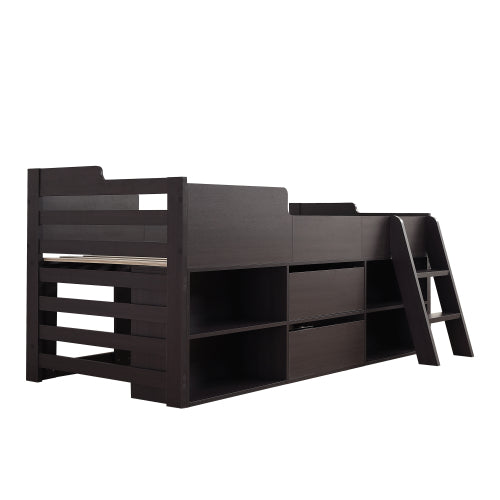 White wooden cabin bed frame for kids with storage drawers and shelves, 3ft single size, low sleeper design by HOMCOM.
