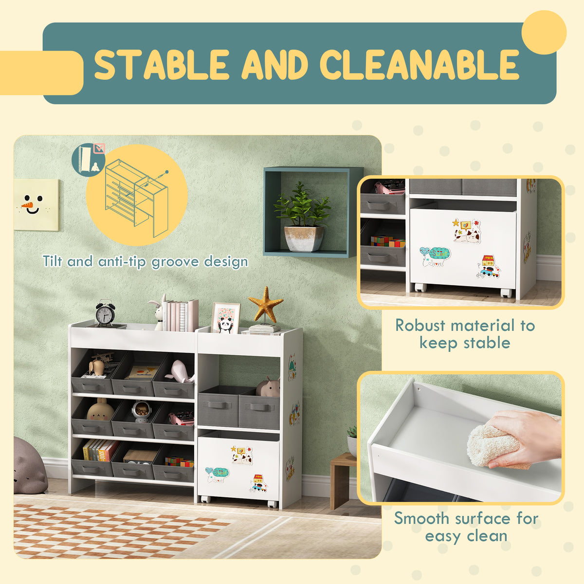 White HOMCOM kids toy storage unit with 11 bins, cabinet, top shelves, and decorative stickers for nursery or playroom organization.