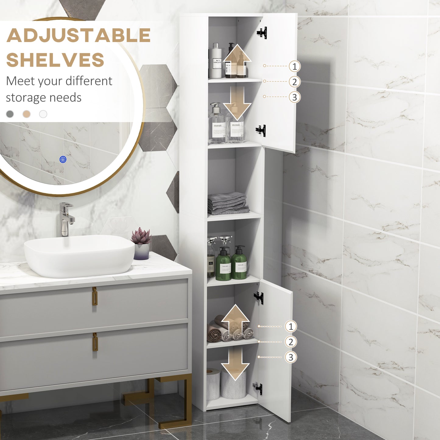 HOMCOM Kleankin high gloss white bathroom storage cabinet with tall design and adjustable shelves for organized bathroom storage.