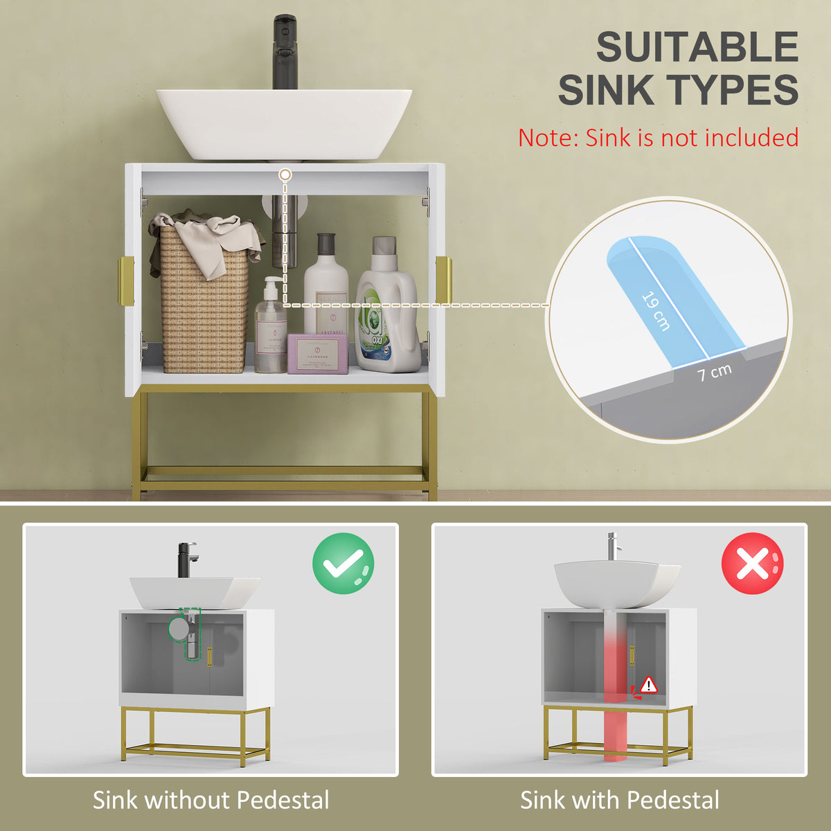 HOMCOM Kleankin white under sink bathroom storage cabinet with gold legs, modern vanity unit with door and interior shelves.