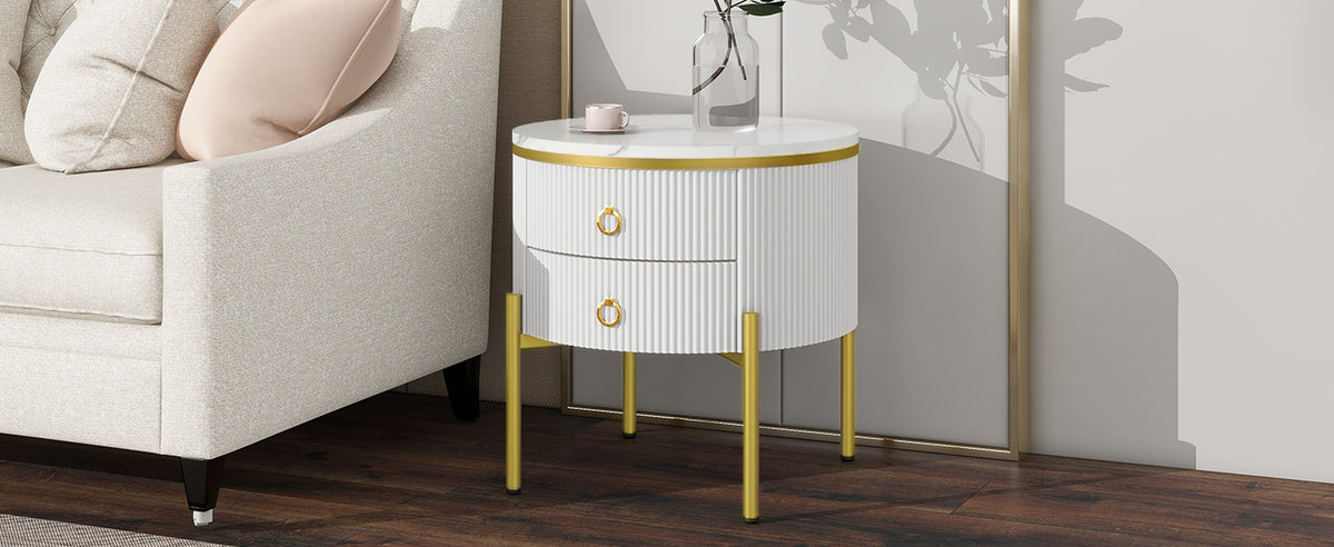 HOMCOM white side table with drawers, marble texture top, gold legs and handles, adjustable height for living room use