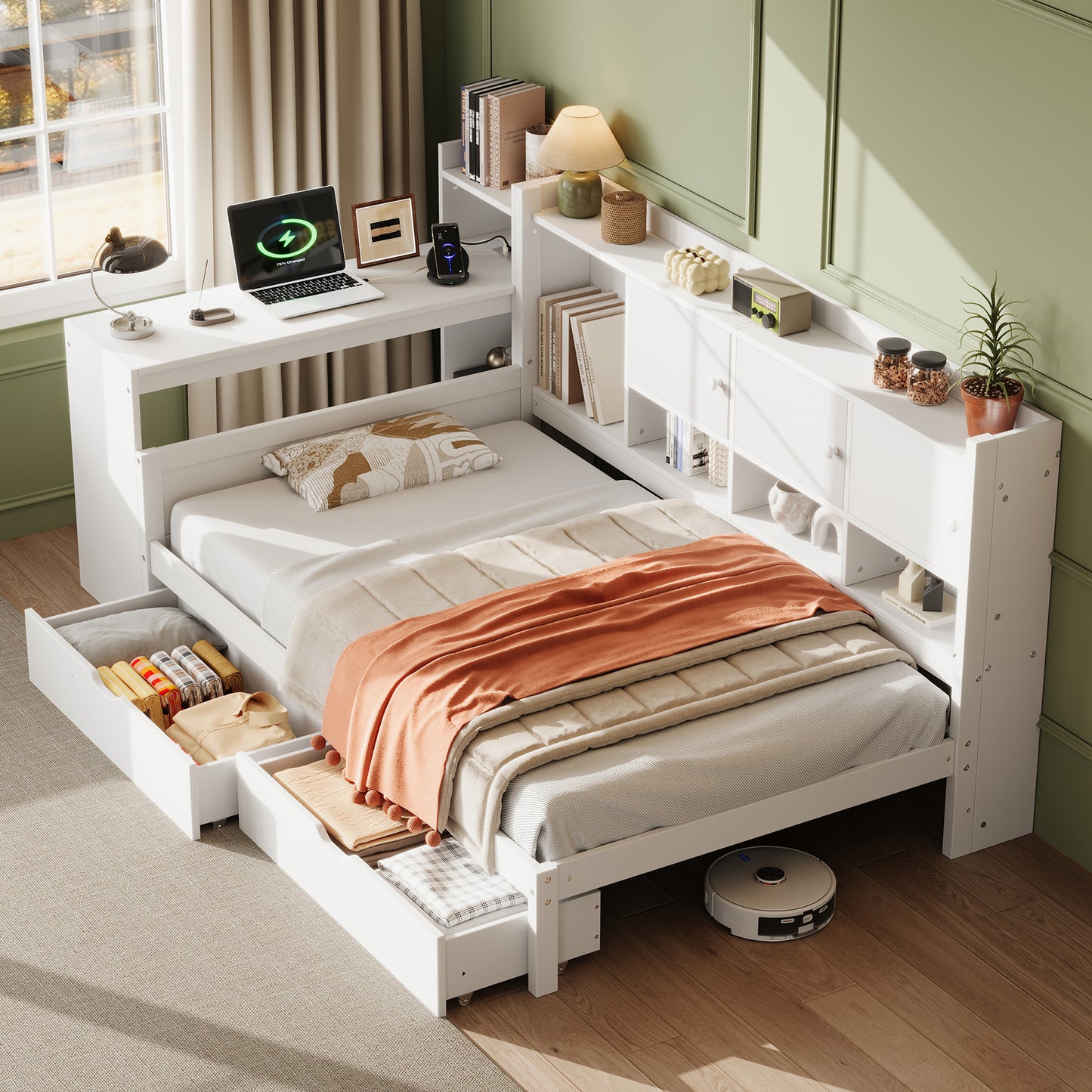 White HOMCOM single daybed with desk, storage drawers, bookcase, wooden frame, and built-in USB charging station.