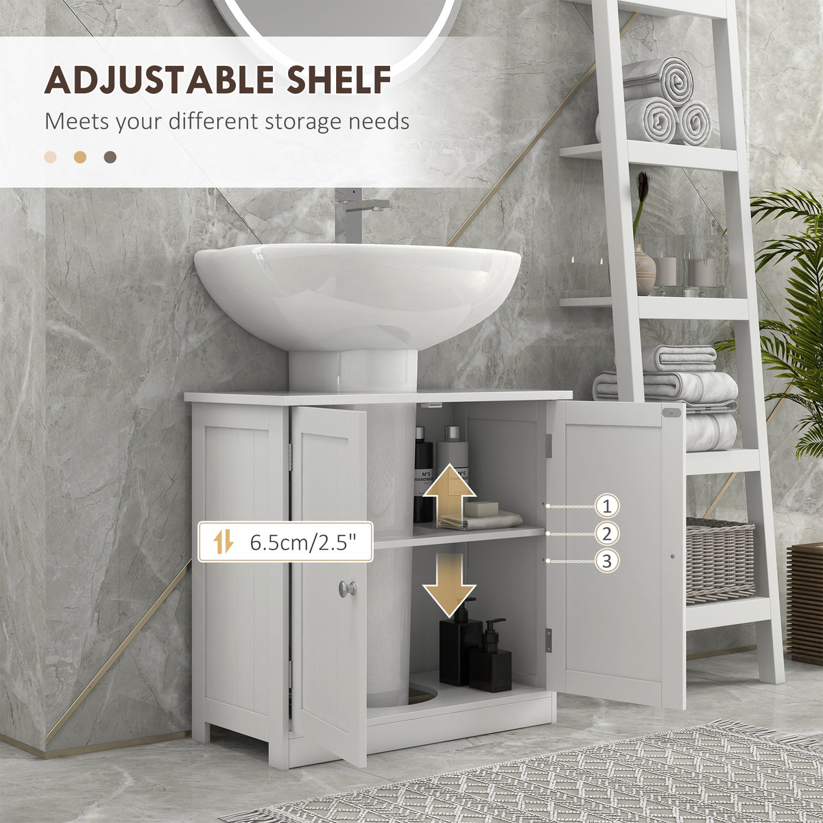 White HOMCOM under sink bathroom storage cabinet with two wooden layers, compact vanity unit for bathroom organization