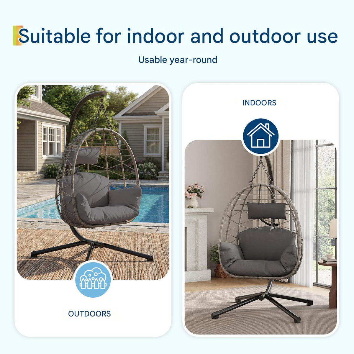 Livoshop beige foldable rattan egg swing chair with metal stand, suitable for indoor and outdoor patio or garden use.