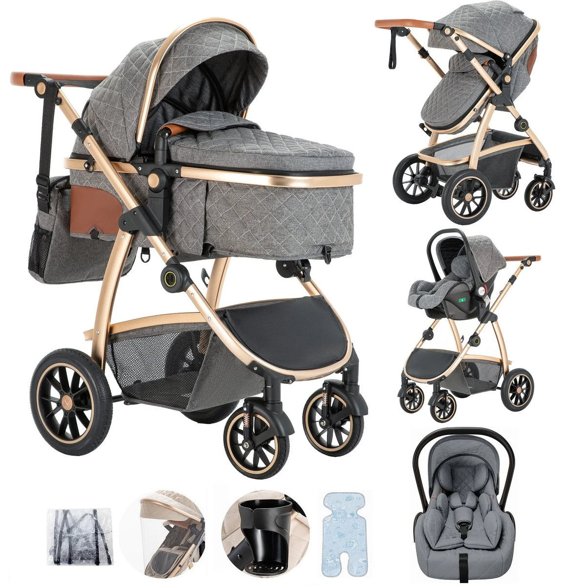 Livoshop 3-in-1 baby travel system with black aluminum pushchair, height-adjustable handle, mosquito net, and versatile stroller features.