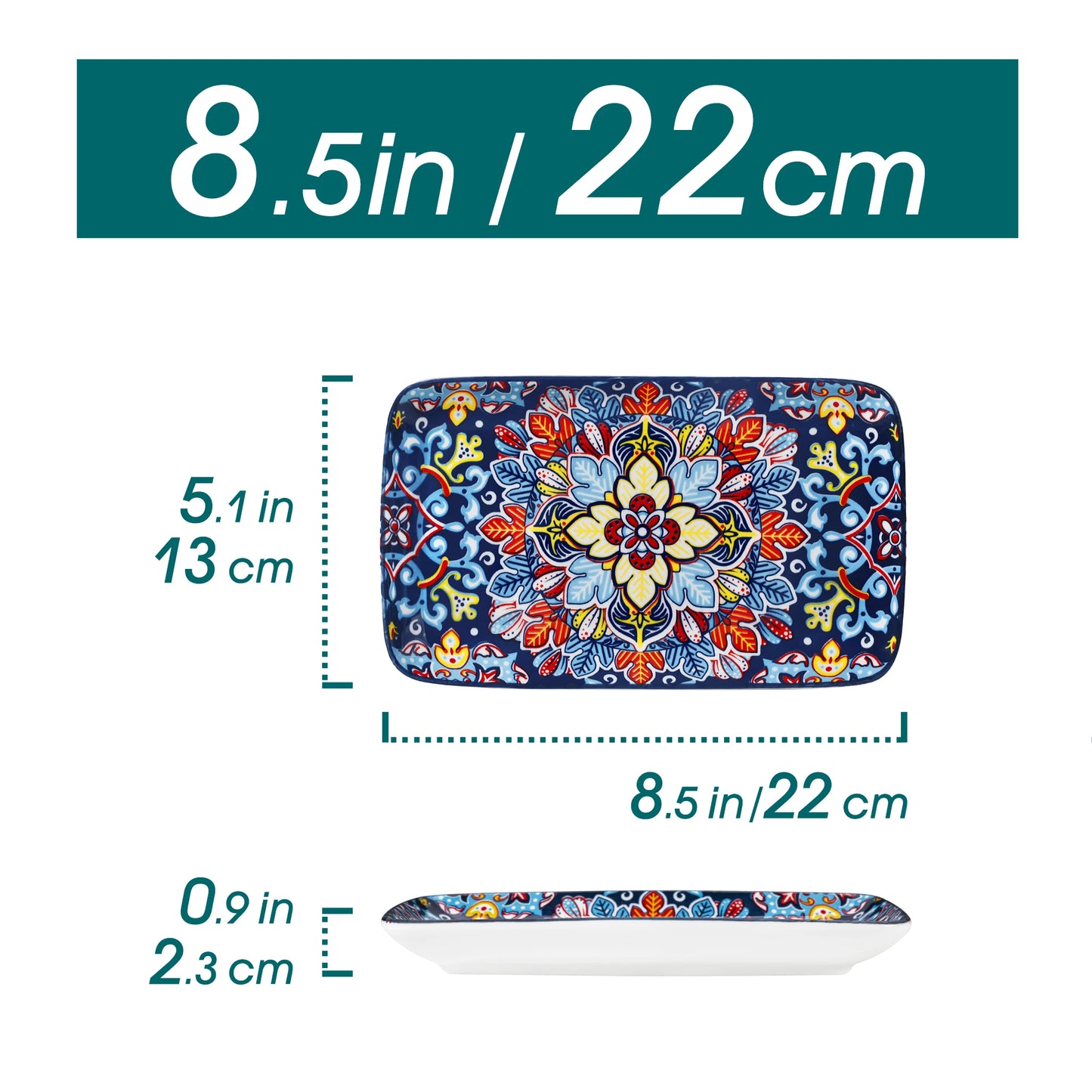 Vancasso 6-piece porcelain rectangular serving plates set with bohemian design, 8.5-inch dinner plates for food, beef, noodles, pasta.
