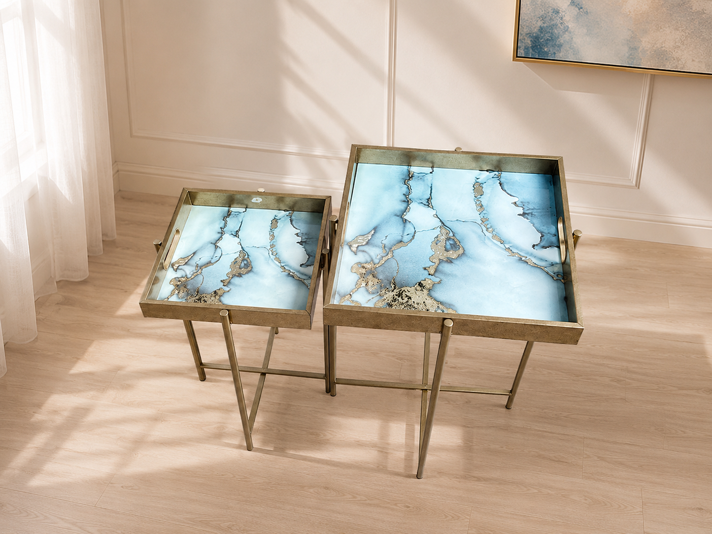 Set of 2 MSL Art Deco nesting side tables with gold floral marble effect square tops, ideal for elegant living room decor.