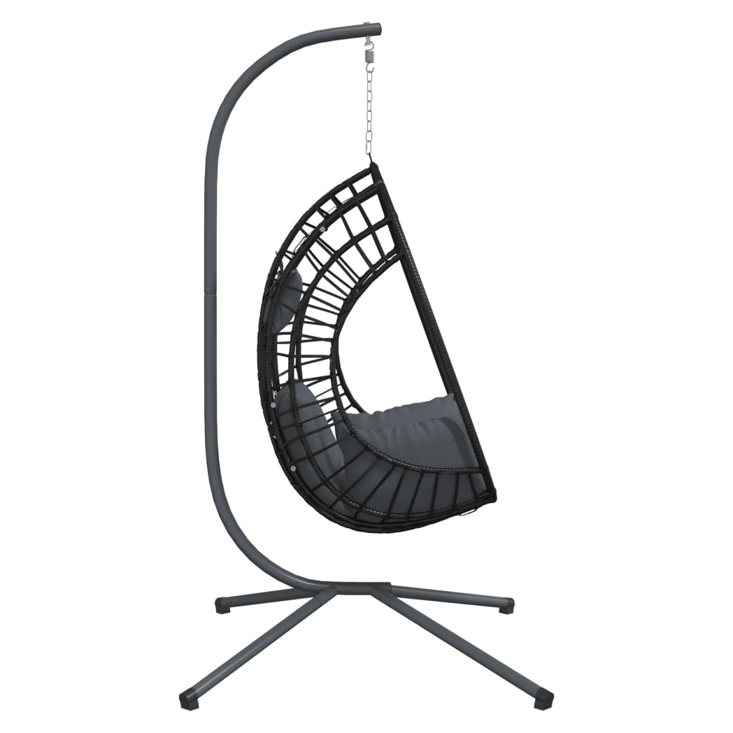 Beige hanging egg chair with stand, made of anthracite rattan and steel, suitable for outdoor or indoor use.