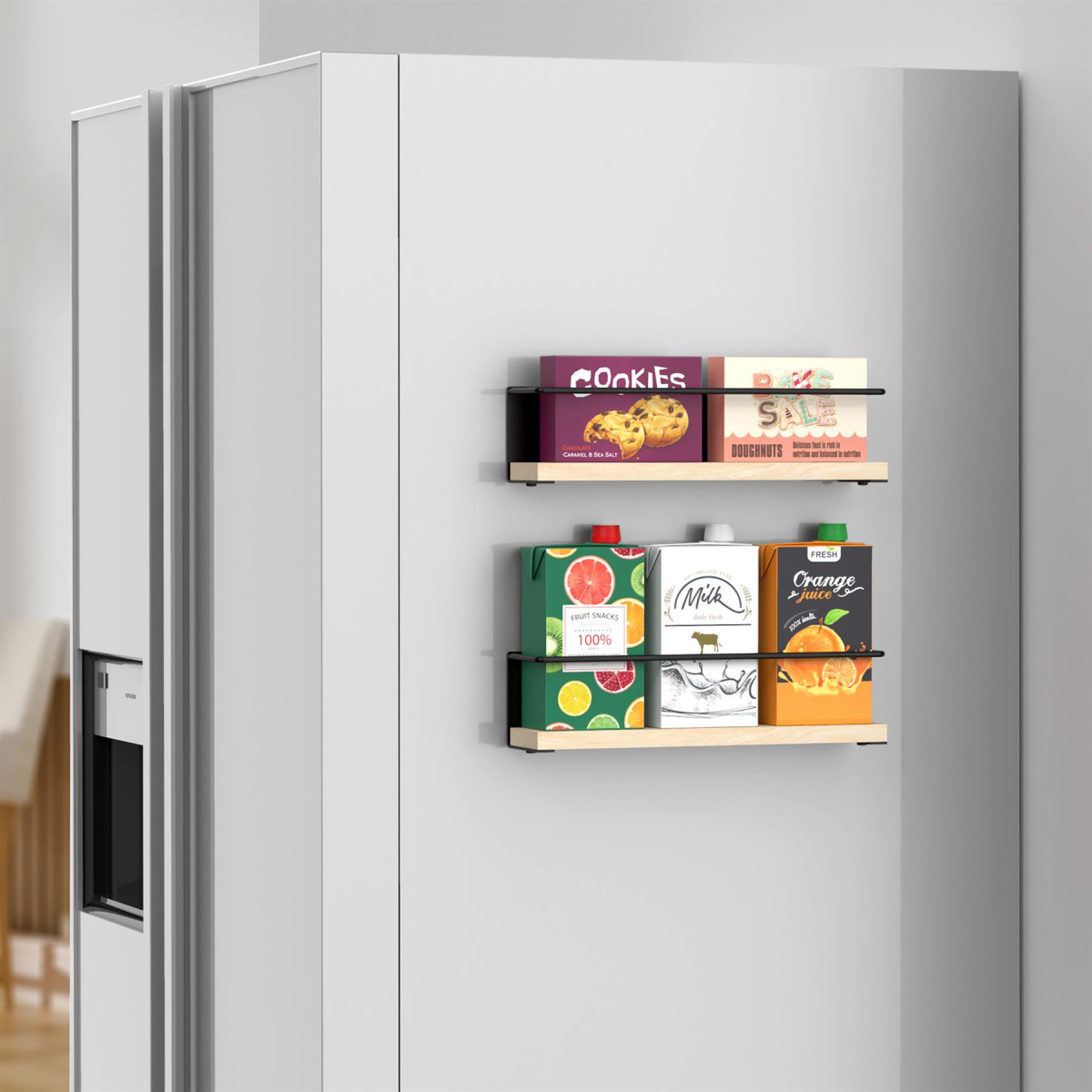 Two-piece Vinsani magnetic spice rack with wooden shelves, featuring metal containers for organized kitchen spice storage.