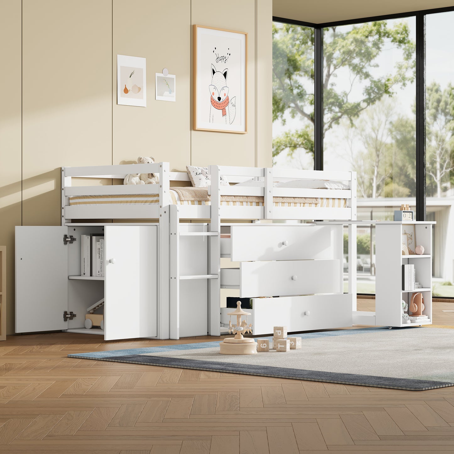 HOMCOM 3ft white modern wooden children's loft bed with built-in desk, drawers, storage cabinet, shelves, and two-way installation.