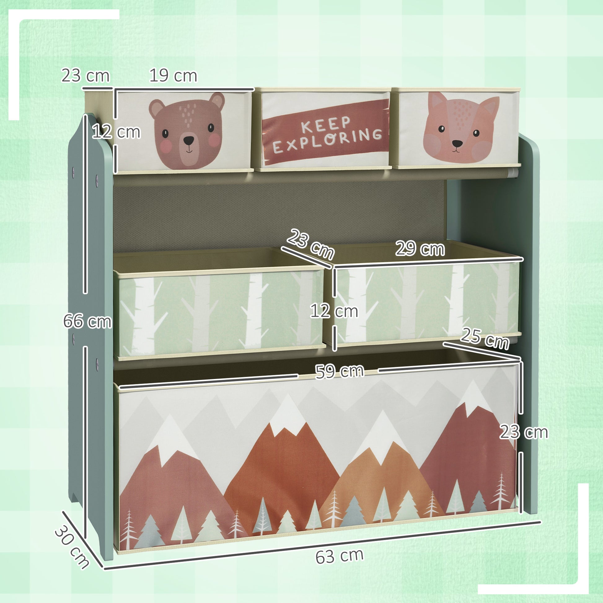HOMCOM ZONEKIZ kids storage unit with six fabric bins in green, ideal for bedrooms, playrooms, and nurseries.