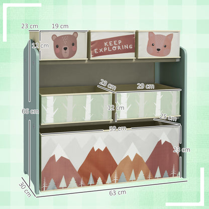 HOMCOM ZONEKIZ kids storage unit with six fabric bins in green, ideal for bedrooms, playrooms, and nurseries.