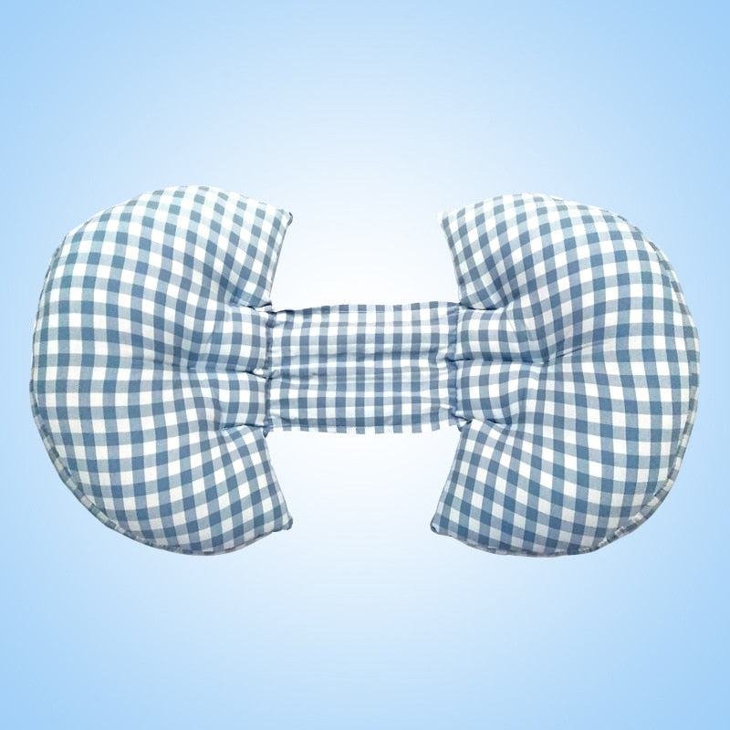 U-shaped pregnancy pillow by eprolo offering full body maternity support, shown lying on a bed for comfort and relaxation.