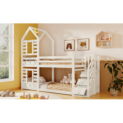 Bunk Bed with Storage for Kids – Cabin-Style Single Bed with Window, Solid Pine Wood, 3FT White