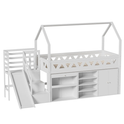Kids Single Bed with Slide & Stairs – Solid Wood Frame with Storage Drawers