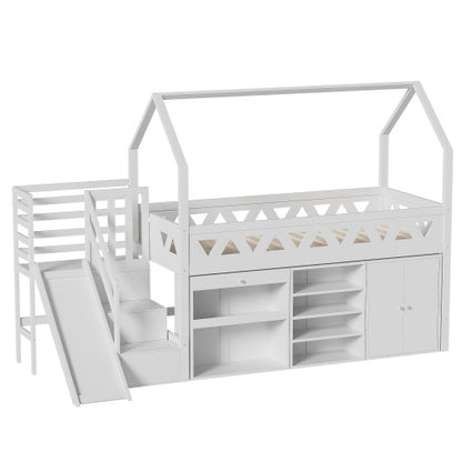 Kids Single Bed with Slide & Stairs – Solid Wood Frame with Storage Drawers