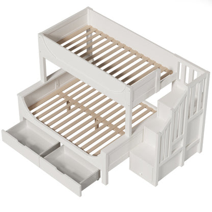 Kids Bunk Bed with Staircase Drawers & Storage – Solid Wood White Frame
