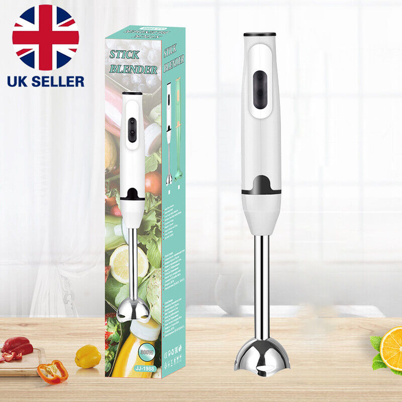 Livoshop 400W hand stick blender with stainless steel blade, UK plug, shown with blending attachment for smoothies or soups.