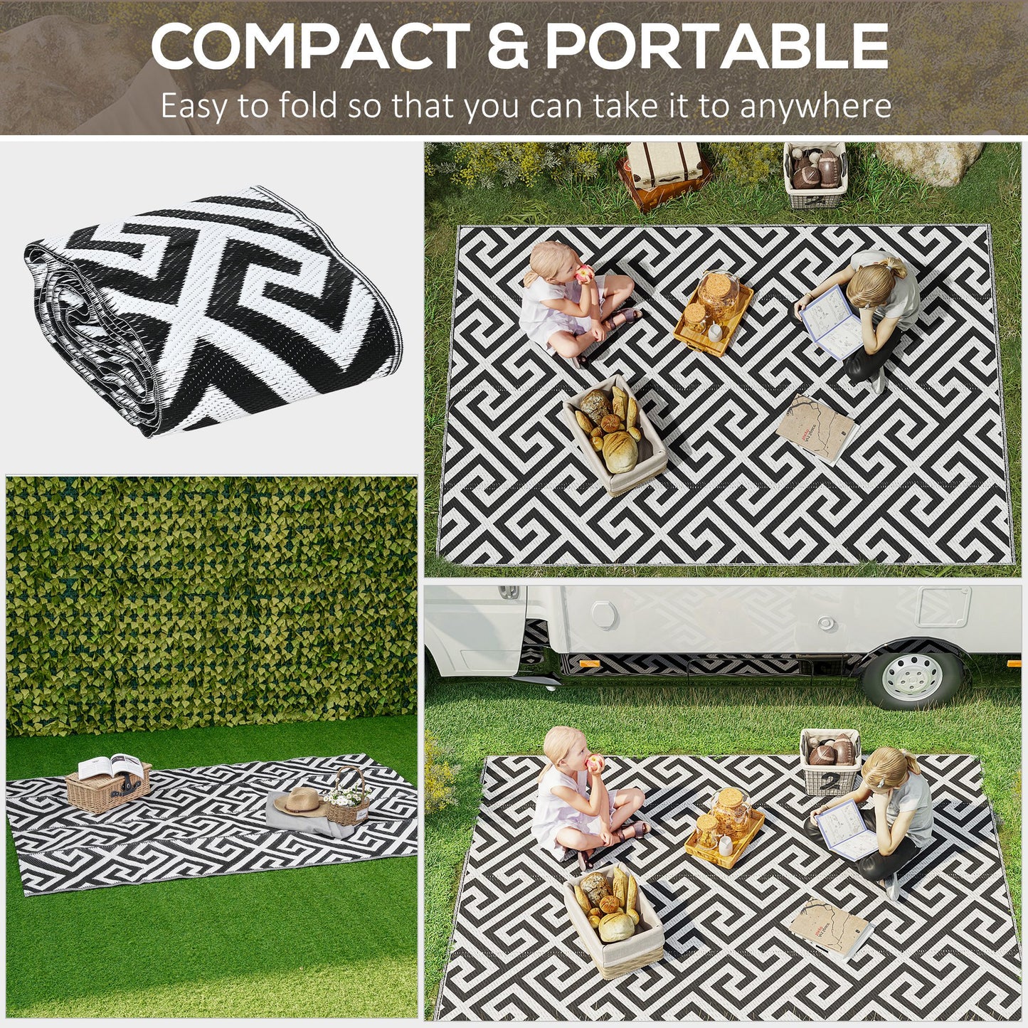 Reversible outdoor rug 152x243cm with plastic straw design, ideal for camping, garden, and outdoor use.