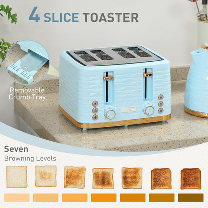 HOMCOM 3000W 1.7L light blue kettle and 4-slice toaster set with browning controls and crumb tray on a kitchen counter