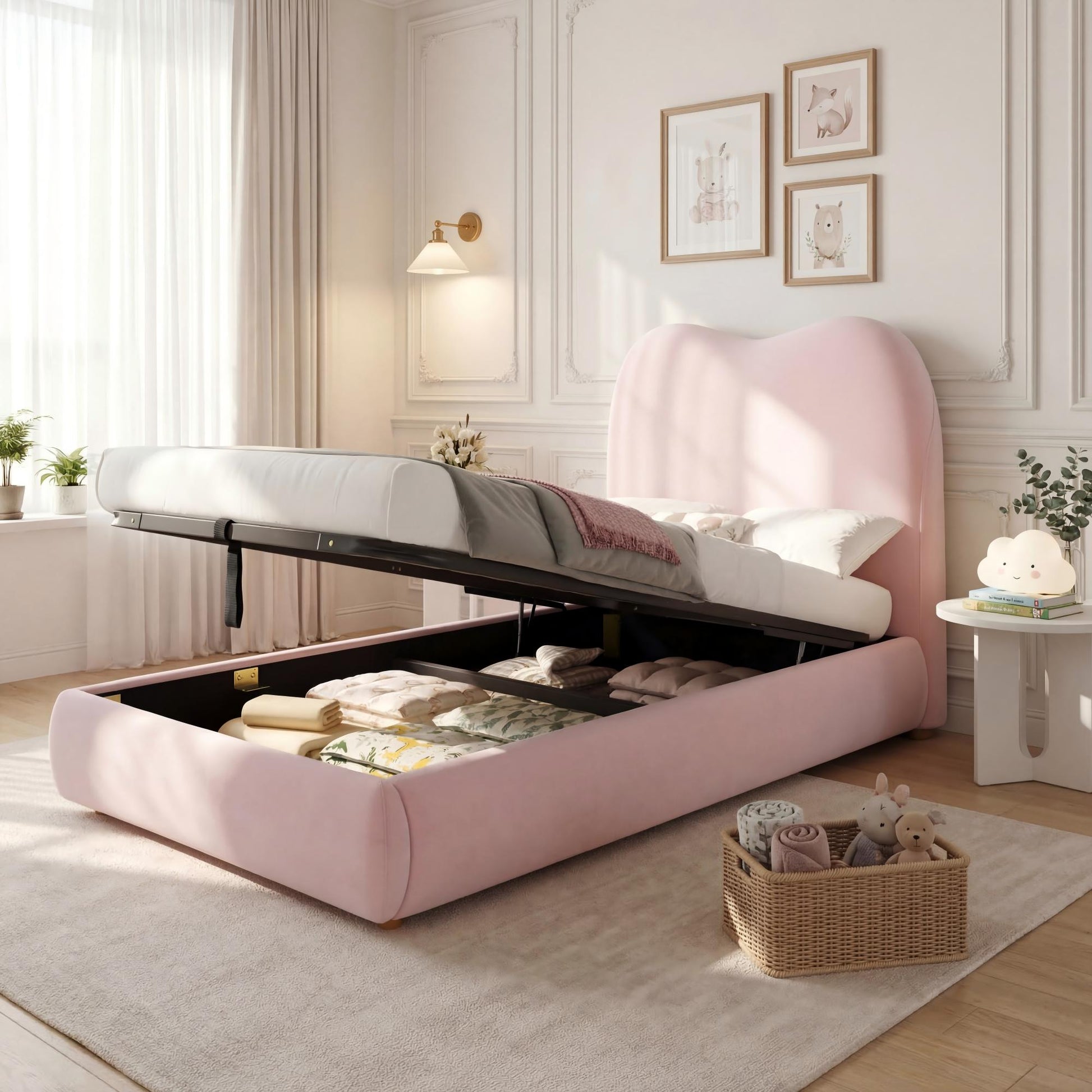 Pink upholstered children's single bed with velvet headboard, hydraulic storage, and 3ft size, by HOMCOM.
