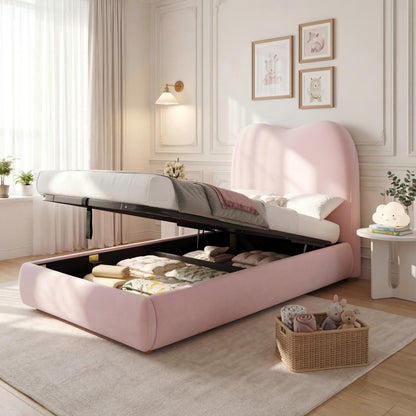 Pink upholstered children's single bed with velvet headboard, hydraulic storage, and 3ft size, by HOMCOM.