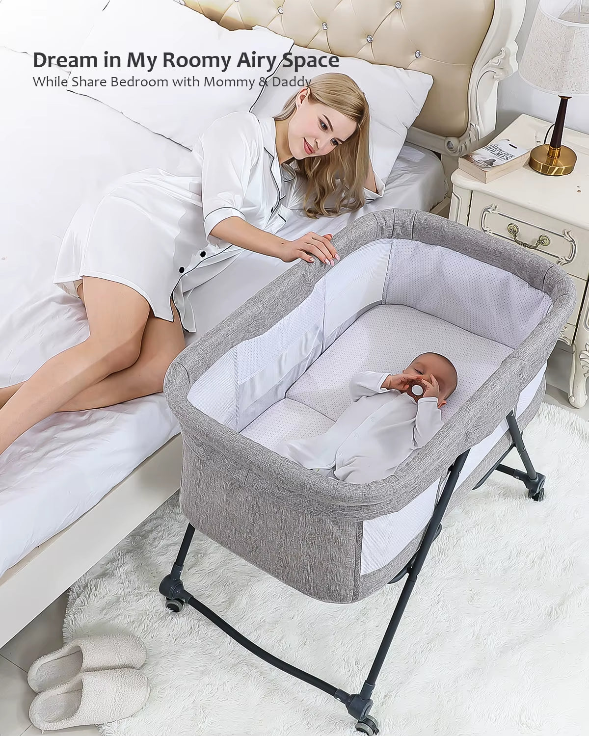 Livoshop baby travel cot with mattress, silent wheels, and rocking convertible crib for easy portability and comfort.