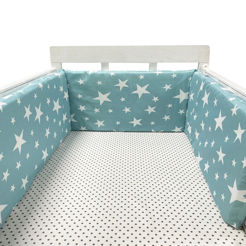 Eprolo baby bed rail guard with soft cotton fence for anti-fall protection, shown installed on a crib to prevent falls.