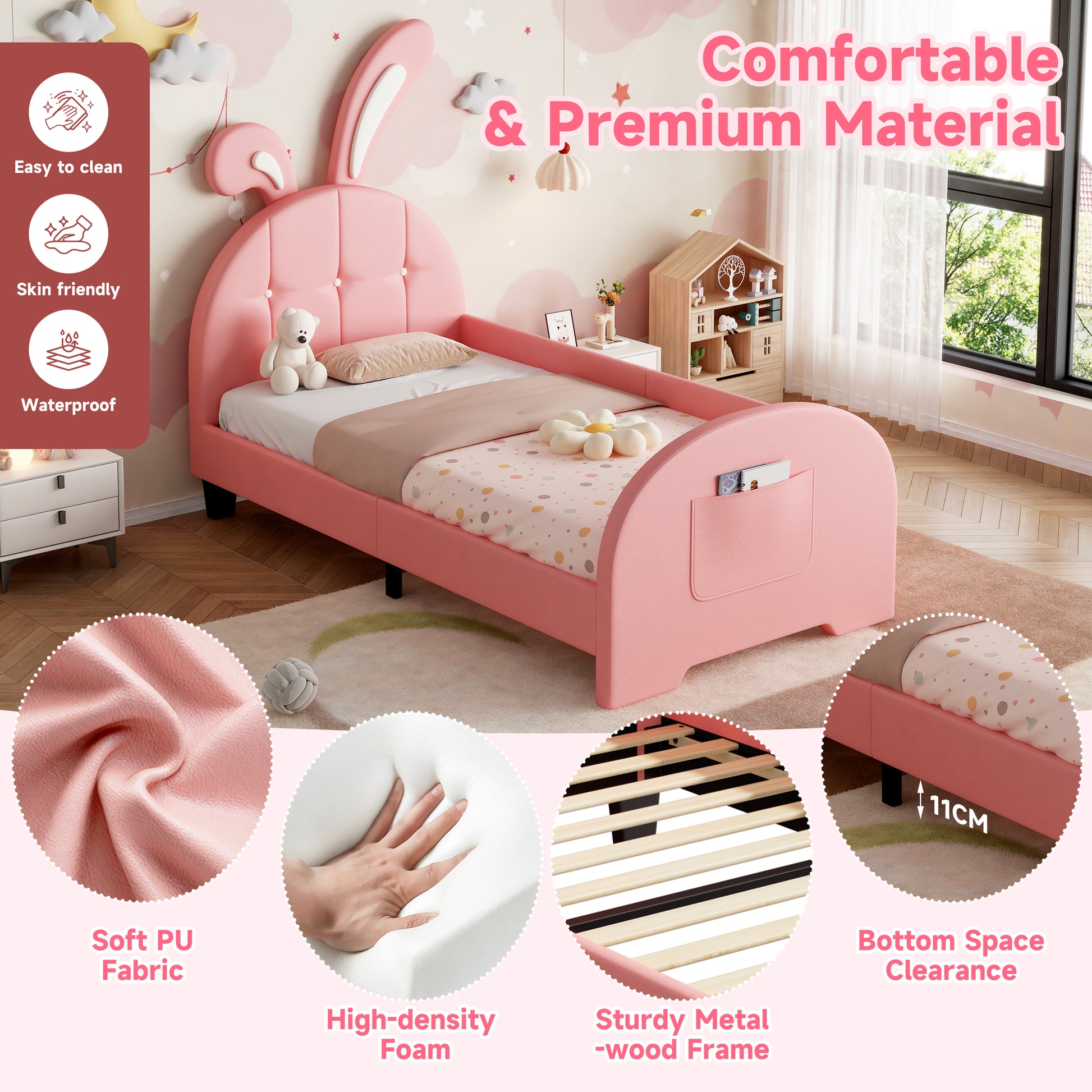 Pink HOMCOM 3ft single rabbit-shaped upholstered bed frame with bunny ear headboard, footboard storage pocket, soft PU leather, metal-wood frame