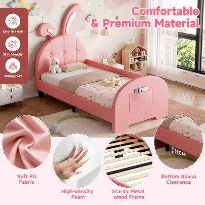 Pink HOMCOM 3ft single rabbit-shaped upholstered bed frame with bunny ear headboard, footboard storage pocket, soft PU leather, metal-wood frame