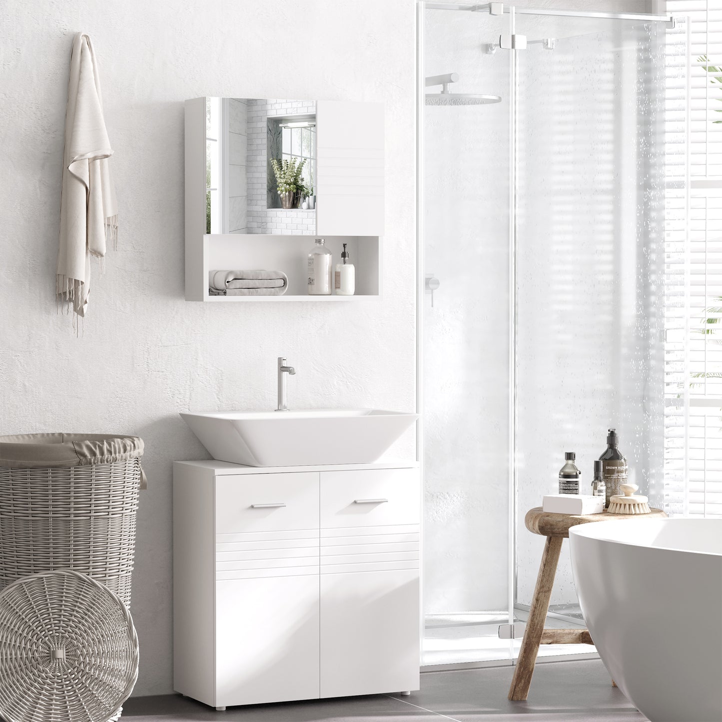 HOMCOM Kleankin white bathroom mirror cabinet with double doors and adjustable shelf mounted on bathroom wall