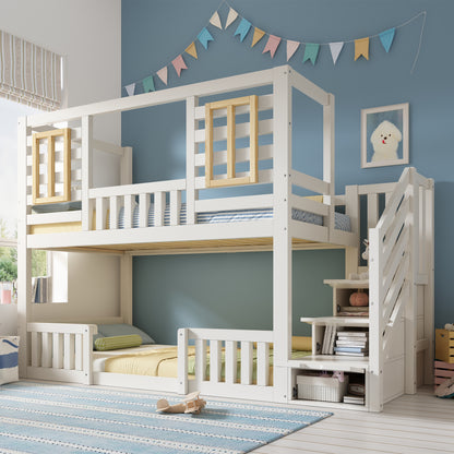 White wooden bunk bed for kids with staircase storage and treehouse design, includes twin mattress, solid wood construction.