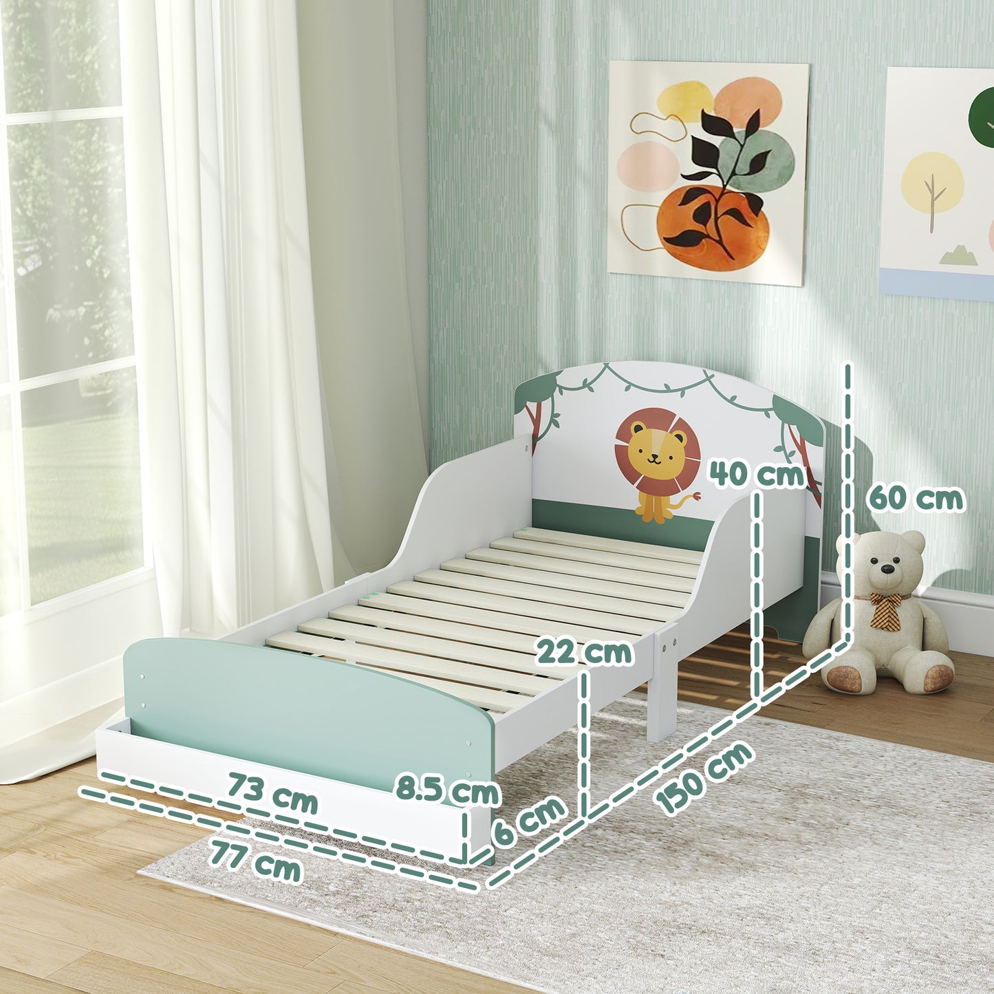 Green toddler bed with lion design, storage drawers, guardrails, suitable for ages 3-8, fits 140x70cm mattress by HOMCOM.