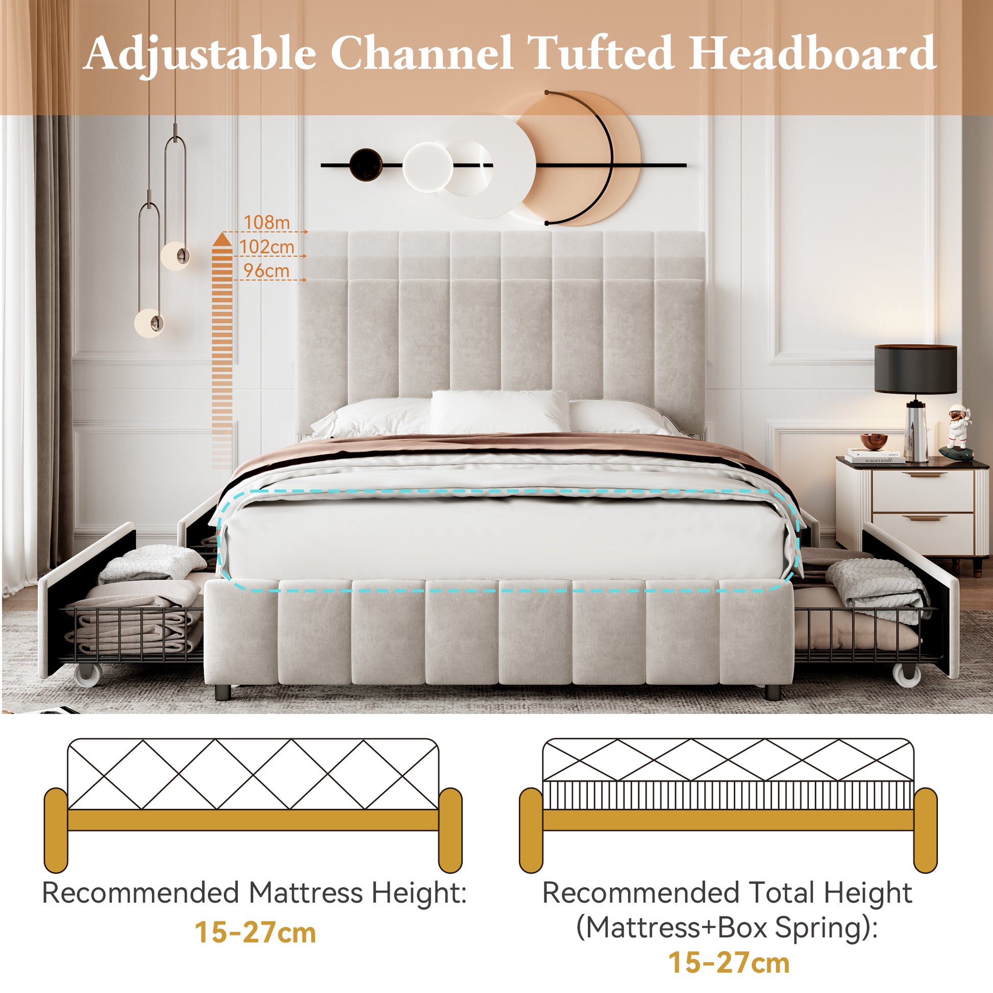 HOMCOM beige double upholstered bed frame with adjustable tufted headboard, four storage drawers, metal-wood support, no box spring needed.