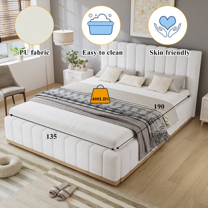 Beige upholstered double bed with soft headboard, sturdy bed slats, and MDF plywood frame, 135x190cm size, by HOMCOM.
