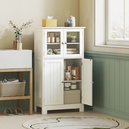 HOMCOM Kleankin bathroom floor cabinet with wooden finish, tempered glass door, two drawers, and adjustable shelves.