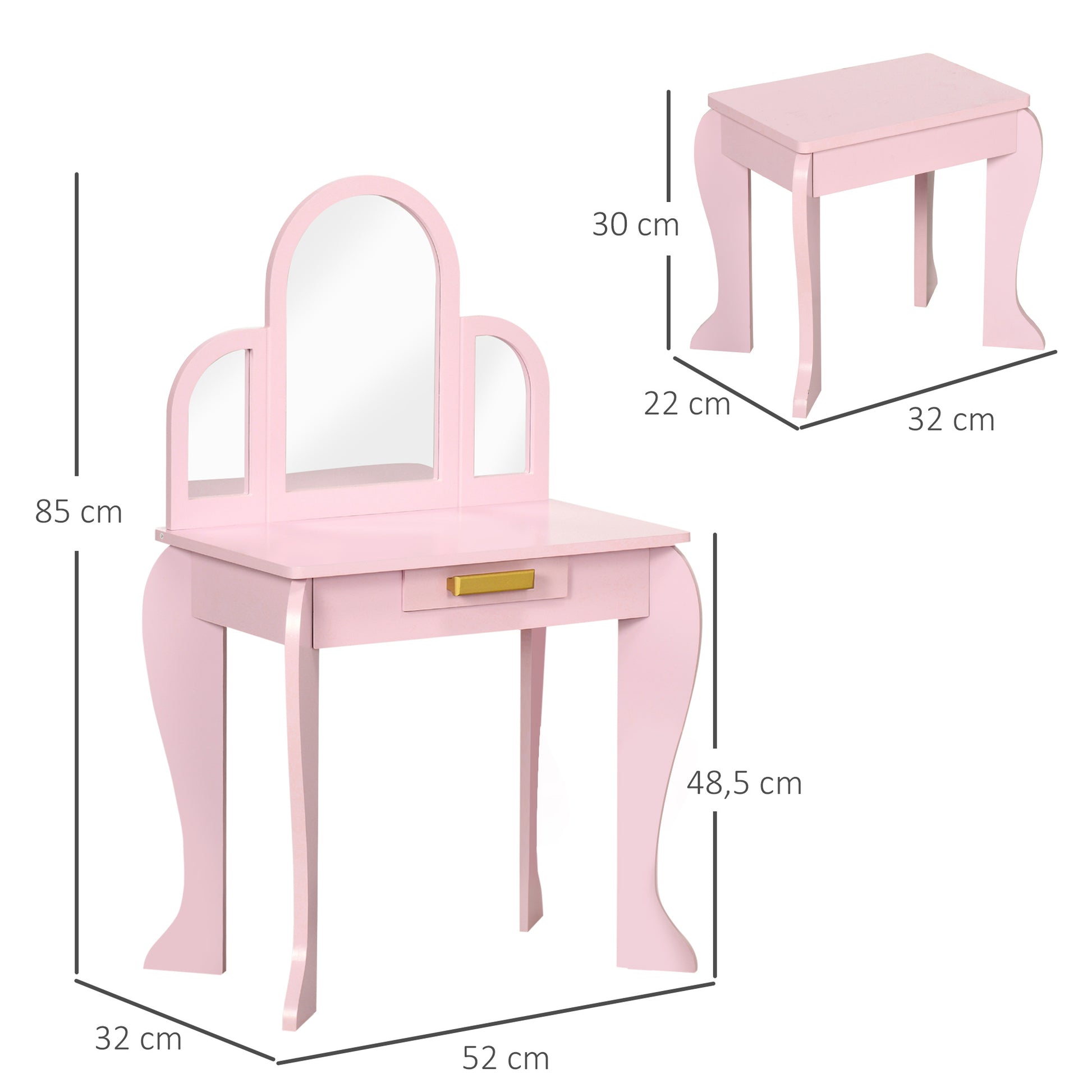 Pink kids dressing table set with mirror and drawer from HOMCOM, featuring a small table and matching stool for children.
