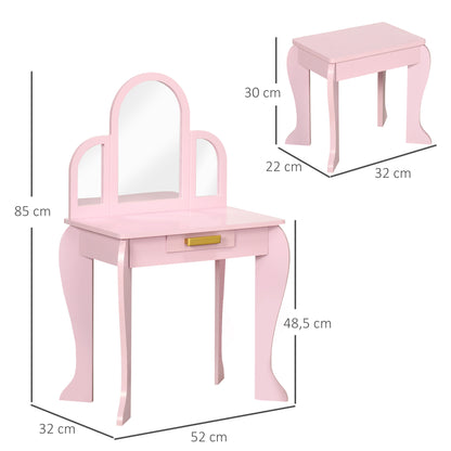 Pink kids dressing table set with mirror and drawer from HOMCOM, featuring a small table and matching stool for children.