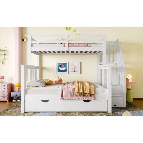 Kids Bunk Bed with Storage Stairs & Guardrail – White High Sleeper Frame