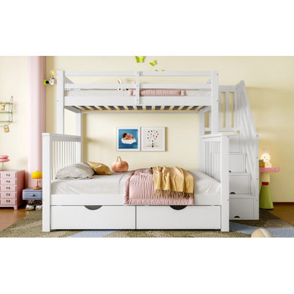 Kids Bunk Bed with Storage Stairs & Guardrail – White High Sleeper Frame