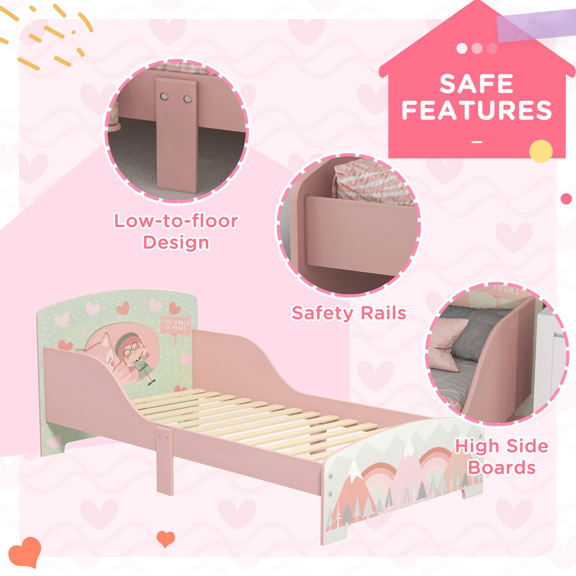 Pink HOMCOM ZONEKIZ toddler bed frame with safety rail, designed for kids aged 3-6, featuring a sturdy wooden construction.