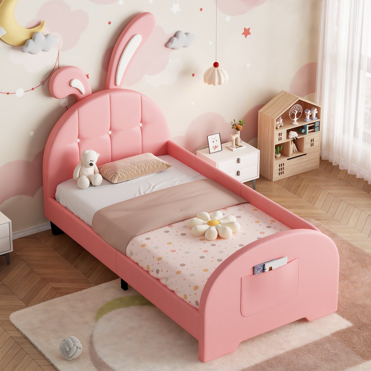 Pink HOMCOM 3ft single rabbit-shaped upholstered bed frame with bunny ear headboard, storage pocket, soft PU leather, sturdy metal-wood frame