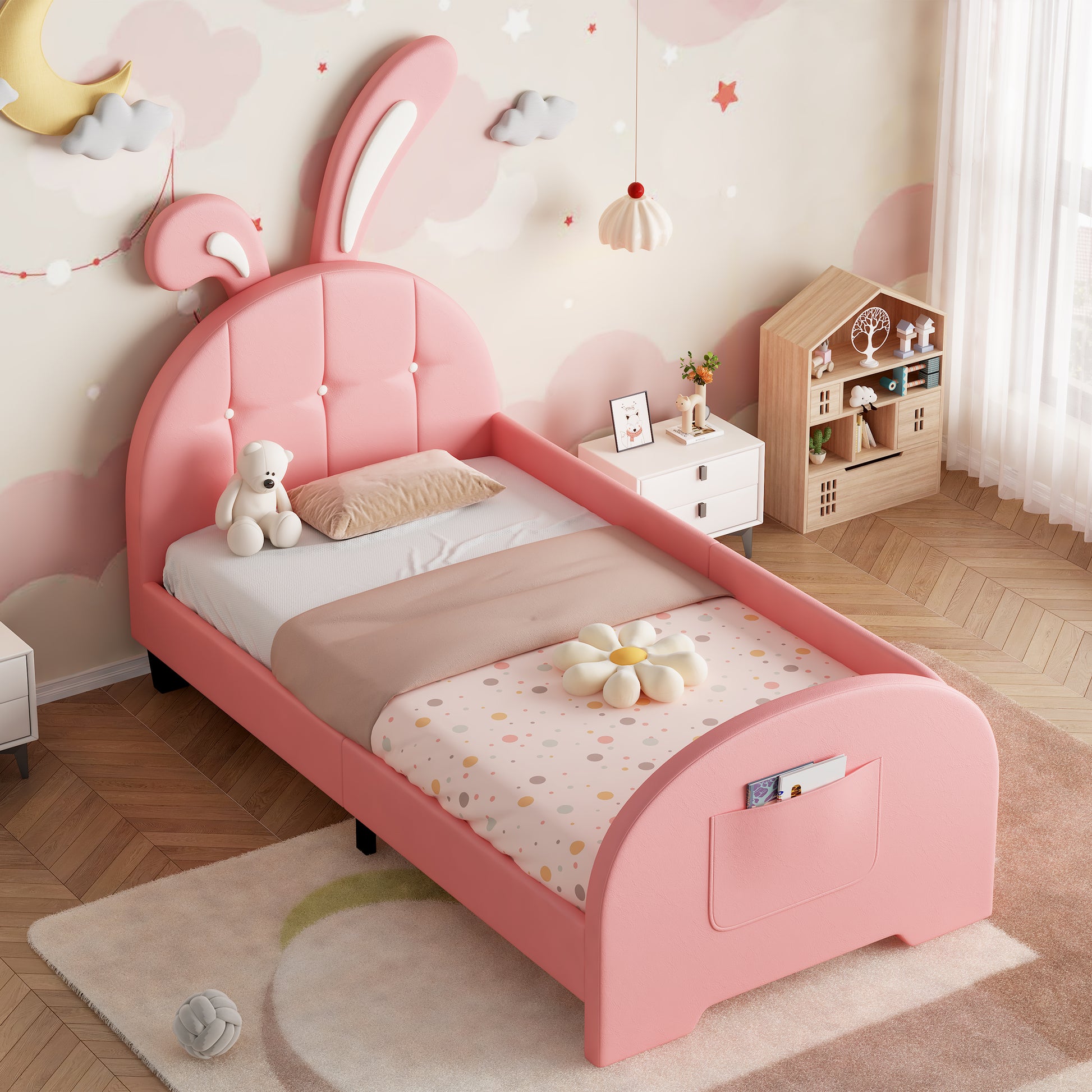 Pink HOMCOM 3ft single rabbit-shaped upholstered bed frame with bunny ear headboard, storage pocket, soft PU leather, sturdy metal-wood frame