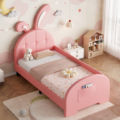 Pink HOMCOM 3ft single rabbit-shaped upholstered bed frame with bunny ear headboard, storage pocket, soft PU leather, sturdy metal-wood frame