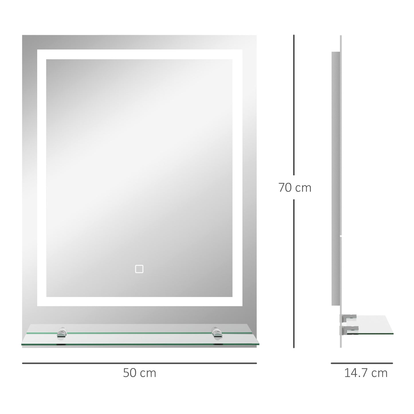 HOMCOM Kleankin large bathroom vanity mirror with lights, shelf, touch controls, anti-fog, and adjustable 3-color brightness.