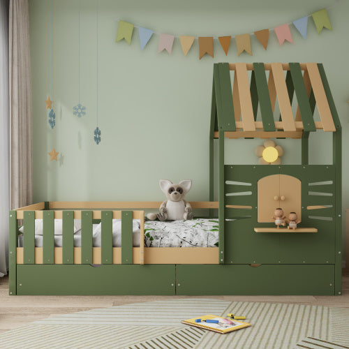 Kids Wooden Bed with Roof & Window Design – Green & Natural with Storage Drawers