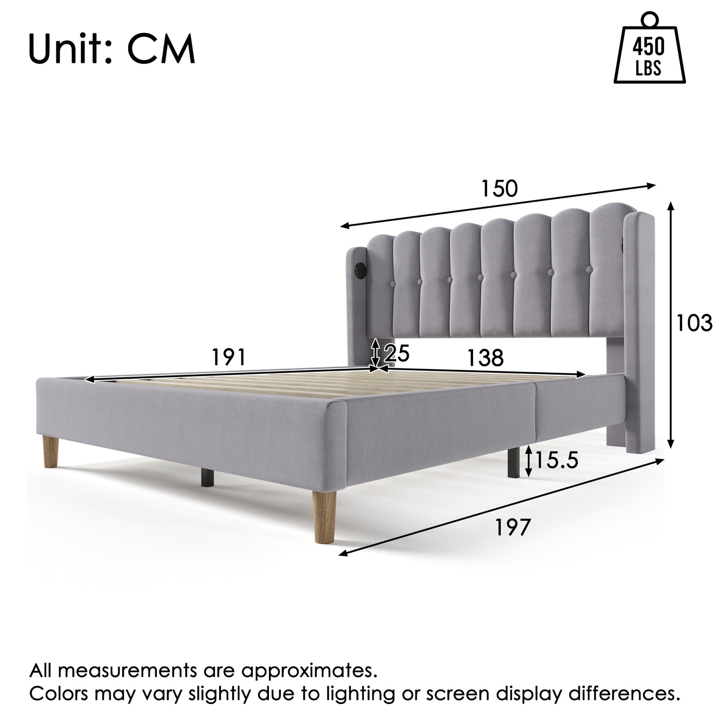 Grey linen upholstered double bed with wooden slatted frame, USB and Type-C charging ports, 4ft6 size, perfect for bedroom or guest room.